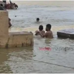 Due to the rising water level of Ganga in Banaras, the connecting road between the Ghats got broken