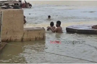 Due to the rising water level of Ganga in Banaras, the connecting road between the Ghats got broken