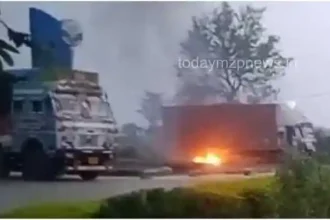 Madihaan Rajgarh Container caught fire due to high tension wire container burnt to ashes