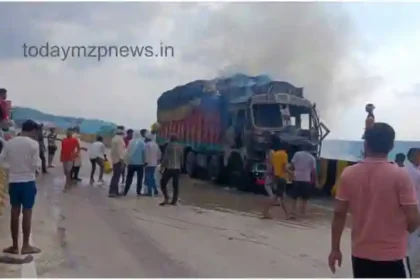 Mirzapur Drummondganj truck caught fire due to short circuit truck owner injured