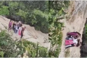 Whole family swept away in natural waterfall during rainy season, scary video