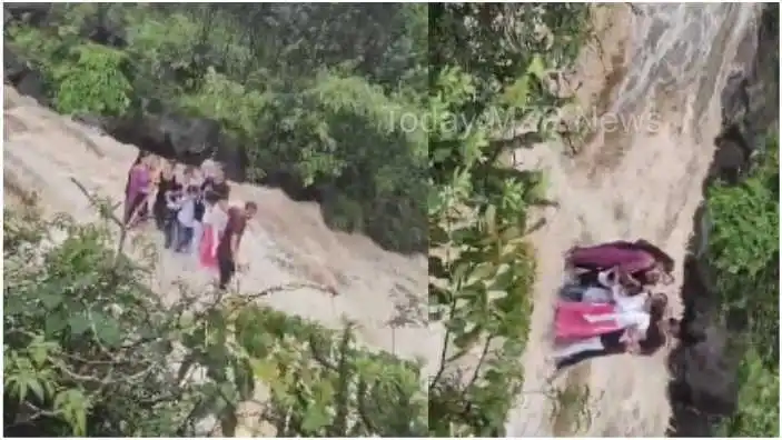 Whole family swept away in natural waterfall during rainy season, scary video