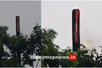 Chunar A tree caught fire after being struck by lightning during rain