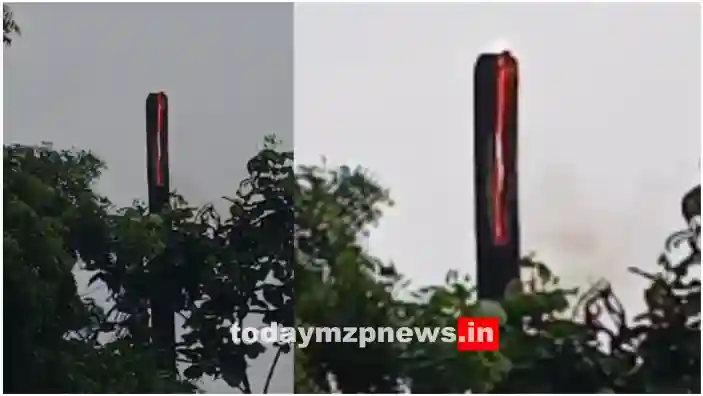 Chunar A tree caught fire after being struck by lightning during rain