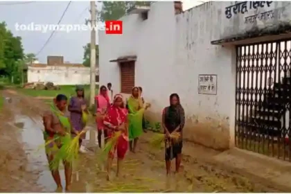 Mirzapur Chunar Women planting paddy on a muddy road