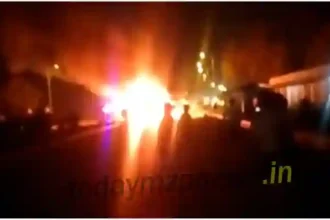 Truck and dumper collide in Lalganj driver dies due to fire